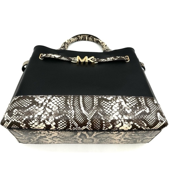 Michael Kors Reed Large Leather Belted Satchel Crossbody Bag Black Snakeskin - Picture 7 of 13